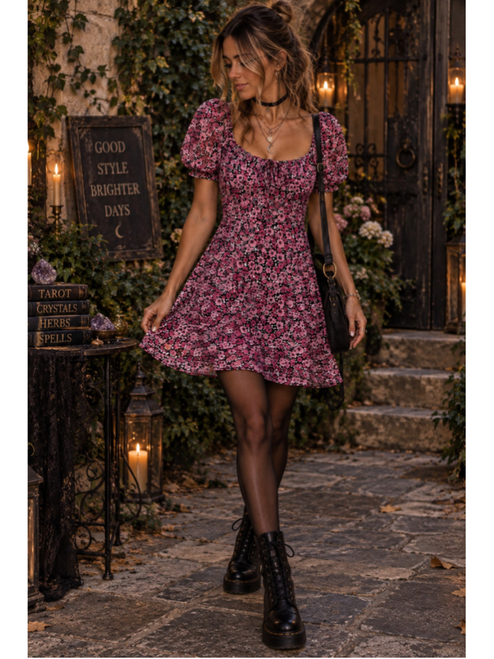 Mi Ami Floral Mini Dress M Pink Black Puff Sleeve Whimsigoth 90s Witchy